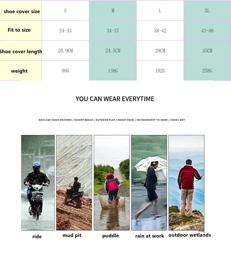 Size chart for SPORTUTTI Waterproof Silicone Zippered Shoe Covers showing fitting options for different activities in wet conditions.