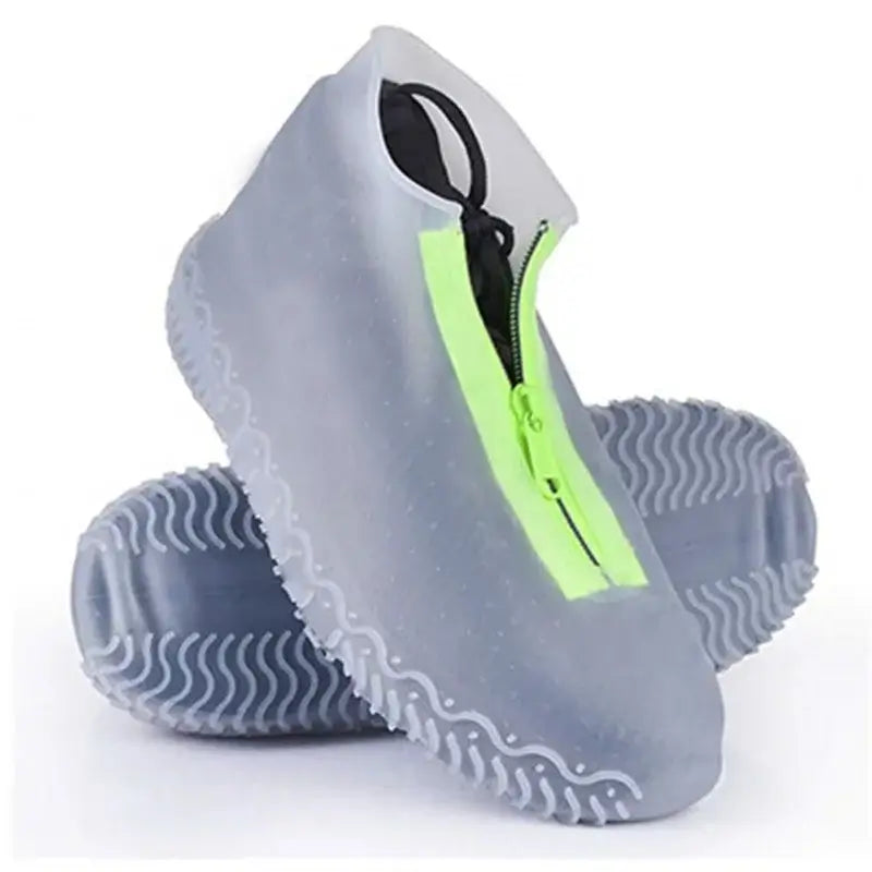 Waterproof silicone zippered shoe covers with non-slip sole for protection against rain and wet conditions.