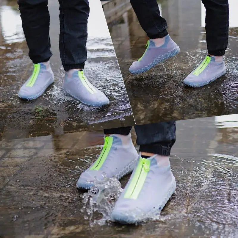 Waterproof silicone zippered shoe covers in action, keeping shoes dry while walking in puddles. Non-slip grip for safety.